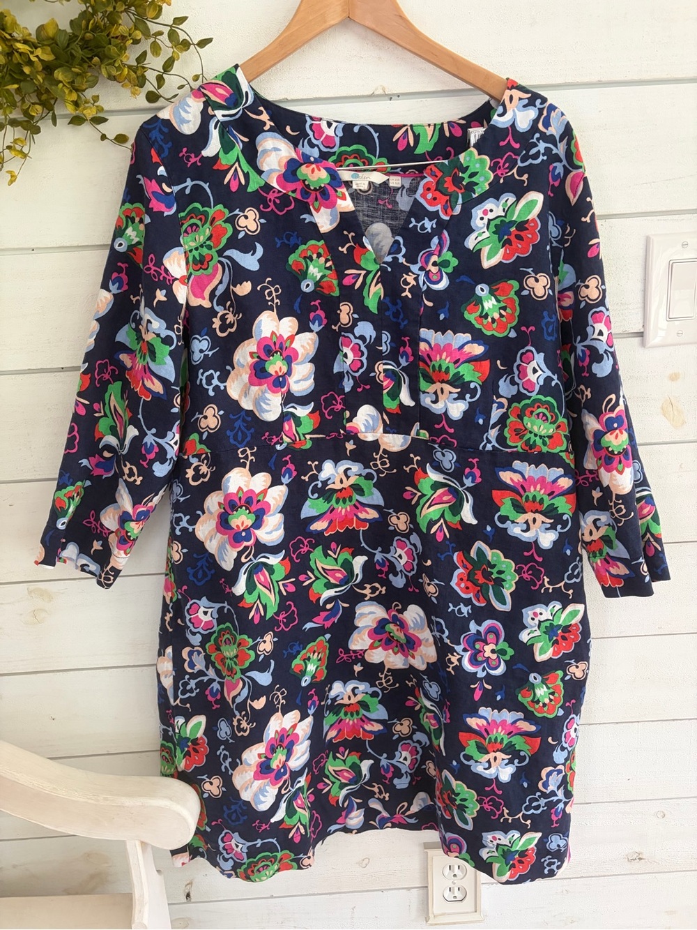 Boden Linen Dress Floral 100% Linen 3/4 Sleeve Blue Coastal Vacation Print